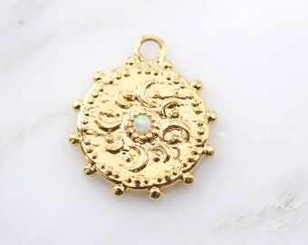 Celestial Coin Charm Gold - 15mm Charm, Gold Plated Gold CZ Drop Charm Pendant, Cubic Zirconia, Opal Pendant, Star Jewelry, Moon Jewelry