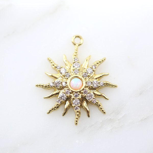 Large Opal Sun Star Celestial Star Charm Gold Charm Layered Sun Gold CZ Drop Charm, Cubic Zirconia, Gold Plated Pink CZ Charm Pendant DIY