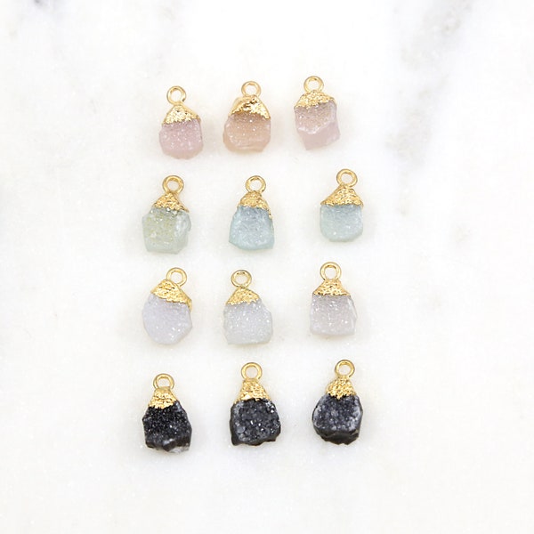 Small Tiny Small Raw Druzy Nugget Gemstone Drop Charm Black, Pink, Clear, Blue Gold Rim Bezel Gemstone Pendant Gold Edge Stone Rough Cut