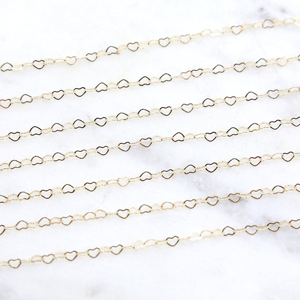 Gold Filled Heart Chain 4mm x 3mm Tiny Flat Link Heart Link Delicate Dainty Minimal Choker Sold by the Foot Bulk Unfinished Chain Wholesale