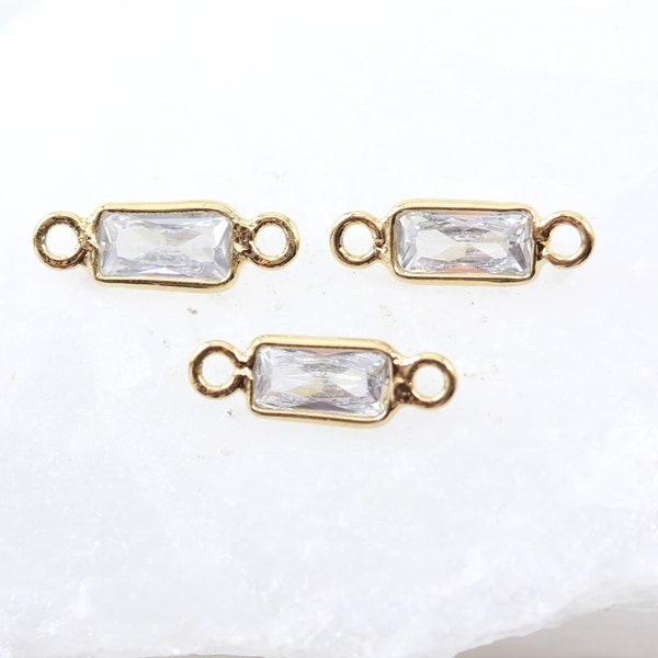 1 Piece Small Vermeil Gold Rectangle Faceted CZ Connector Charm 11mm x 4mm Cubic Zirconia Gold Rimmed Bezel Faceted CZ Diamond Charm