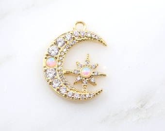 Small Opal Crescent Moon Side Star Charm Gold Charm Pendant, Gold Plated Gold CZ Charm Pendant, Cubic Zirconia, Star Jewelry, Moon Jewelry