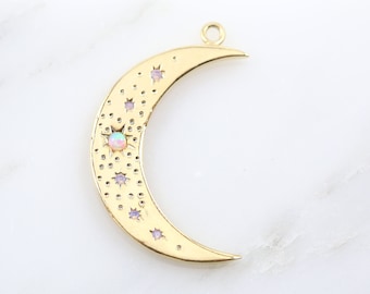 Celestial Opal Crescent Moon Star Charm Gold Charm Pendant, Gold Plated Gold CZ Charm Pendant, Cubic Zirconia, Star Jewelry, Moon Jewelry