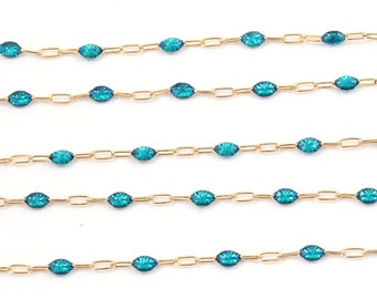 4mm x 1.5mm 14K Gold Filled Chain Turquoise Blue Enamel Delicate Elongated Flat Link Rectangle Paperclip Chain Paper Clip, Chain by the Foot