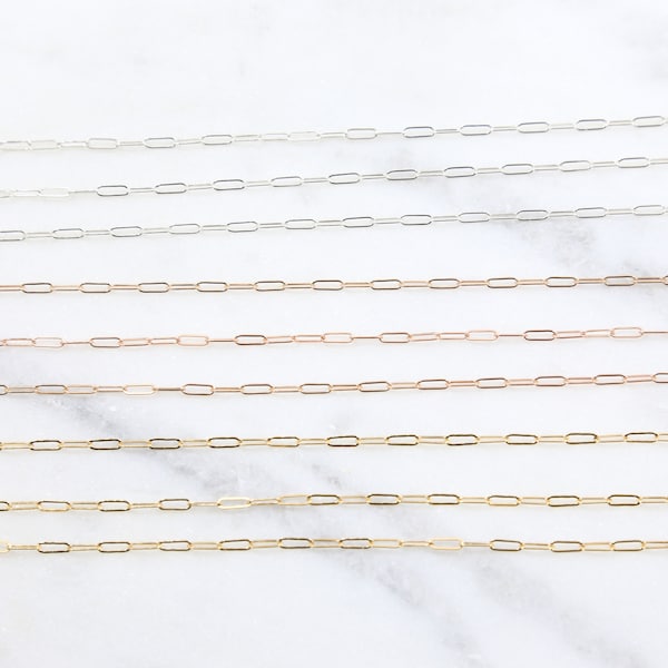 2x5mm 14K Gold Filled Chain Delicate Elongated Flat Link Rectangle Paperclip Chain Box Chain Paper Clip, Sterling Silver Chain by the Foot