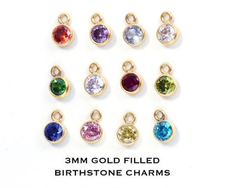 14K Gold Filled 3mm Tiny Small CZ Birthstone Drop Pendant Gemstone Color Bezel Pendant Permanent Jewelry Charms, Delicate Birthstone Charm