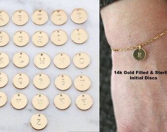 Custom Stamped Initial Charm 10mm Disc Coin Medallion Gold Filled, Sterling Silver 20 Gauge Pendant with Ring Personalized Letter Charm Drop