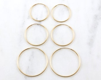 14K Gold Filled Endless Hoop Earrings, Thin Shiny Hoops (20mm, 24mm, 30mm)