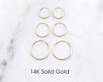 14K SOLID Gold Endless Hoop Earrings 1 Pair Thin Small Gold Hoops, 10mm, 12mm, 16mm, 21mm, 27mm, 35mm Earring Wires Hook | Gold Huggie Hoop