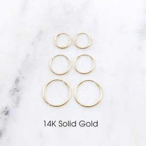 Créoles sans fin en or massif 14 carats 1 paire de petites créoles en or minces, 10 mm, 12 mm, 16 mm, 21 mm, 27 mm, 35 mm Fils de boucle d'oreille crochet | Créole Huggie dorée