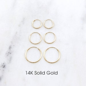 14K SOLID Gold Endless Hoop Earrings 1 Pair Thin Small Gold Hoops, 10mm, 12mm, 16mm, 21mm, 27mm, 35mm Earring Wires Hook | Gold Huggie Hoop