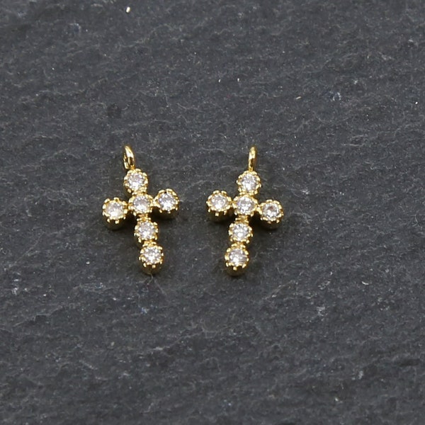 2pcs Teeny Tiny Small CZ Gold Cross Pendant, Dainty CZ Charm, Cubic Zirconia Cross, Religious Jewelry Charm, Rosary Catholic Rosary Cross