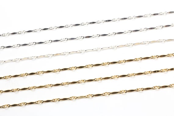 14K Gold Filled or Sterling Silver Marquise Chain 1.25mm x 8mm Flat Link Bar Tube Permanent Jewelry Chain Sold by Foot Bulk Wholesale Chain