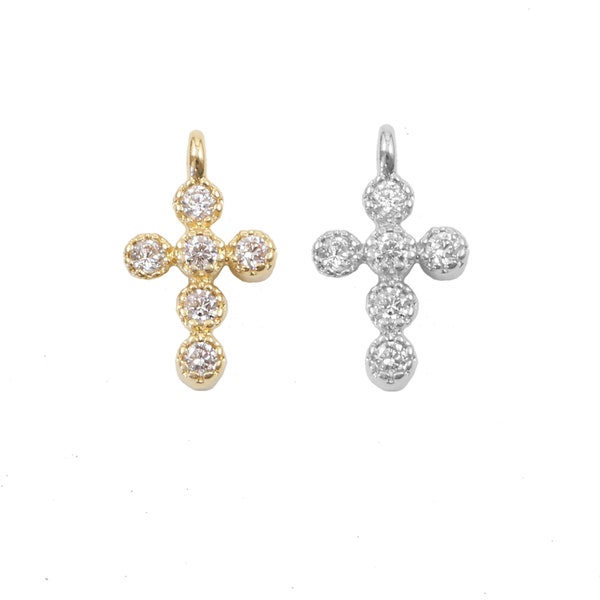 1 PC - Tiny Rounded CZ Cross Charm, Cubic Zirconia Cross Pendant 11mm x 6mm, Vermeil or Sterling Silver, Cross Dangle Drop Charm Small Cross