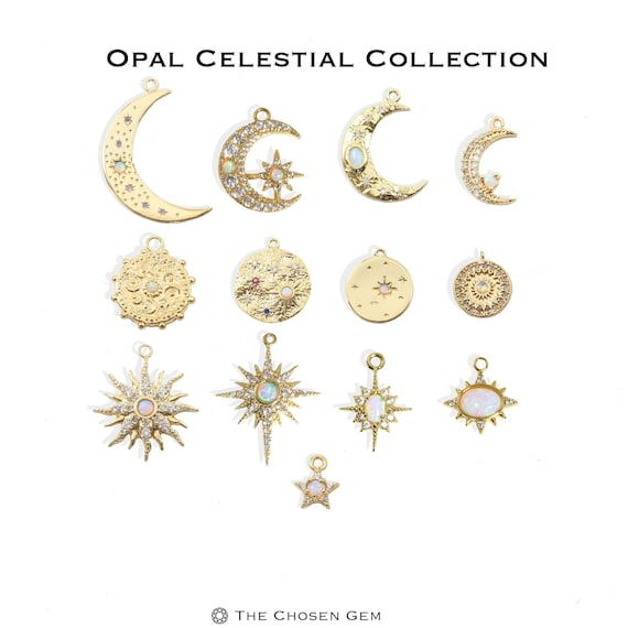 Gold Opal Star and Moon Celestial Collection, Choose your Charm, Gold Star Charm, Opal Moon Charm, Opal Star Pendant, Gold Medallion Pendant