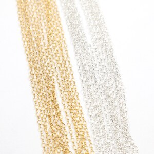 May include: Two strands of chain, one gold and one silver, are laid out side by side on a white background. The chains are both thin and delicate, and they are made of small, linked circles.