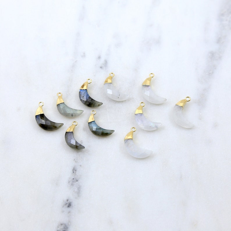 Faceted Crescent Moon Gemstone Charm Labradorite Moonstone Aquamarine Drop Gold Vermeil Bezel Gemstone Pendant Gold Rim Edge Stone image 4