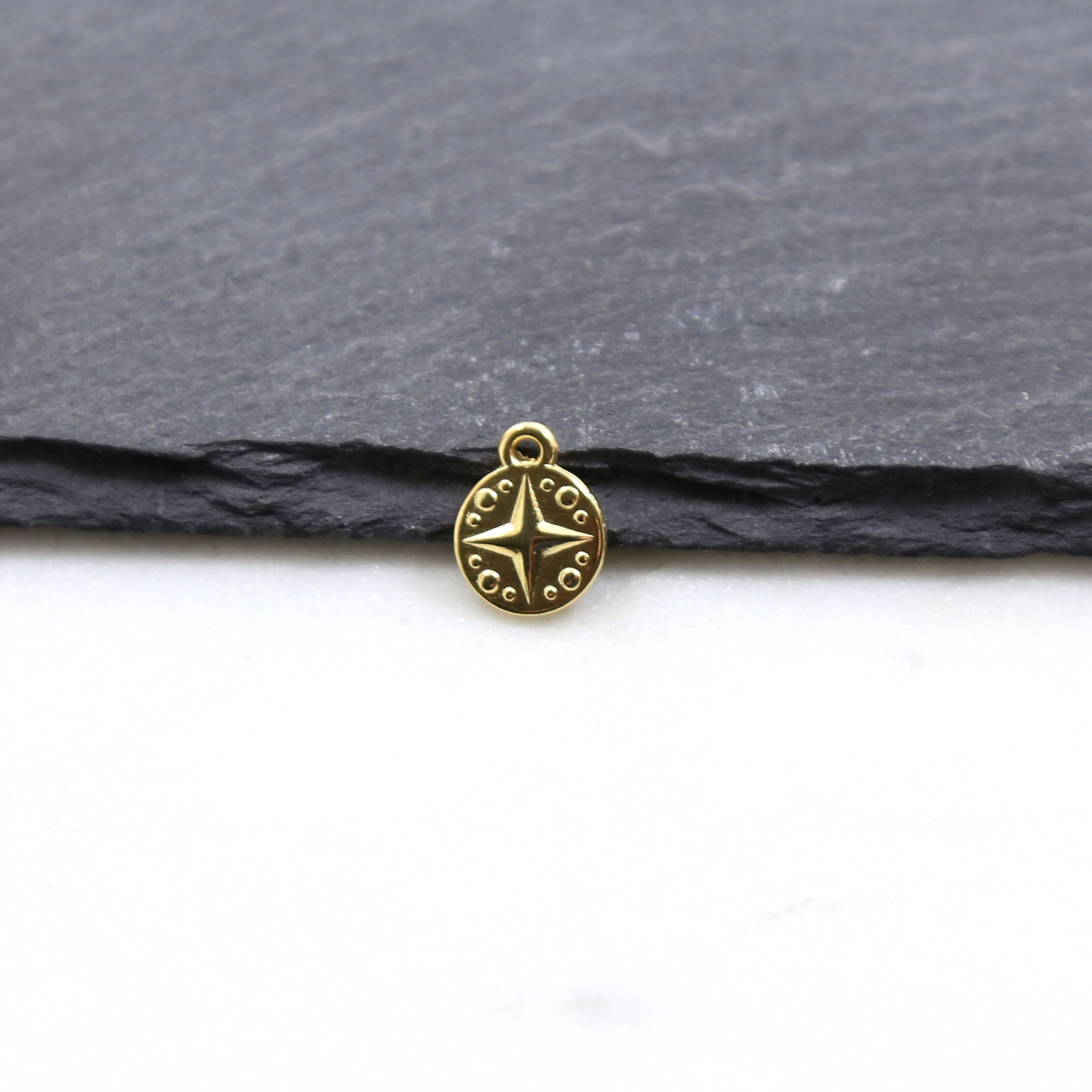 Tiny Gold Celestial Star Compass North Star Coin Charm Celestial Dotted Star Medallion 24k Gold Plated Protection Drop Pendant 12mm x 10mm