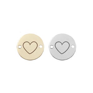 Engraved Heart Connector Charm 14K Gold Filled or Sterling Silver Round Coin Circle Bracelet Love Disc Charm Permanent Jewelry