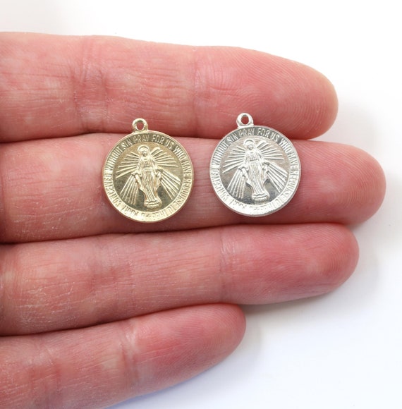 Virgin Mother Mary Round Circle Medallion 15mm X 17mm Gold Filled