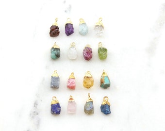 Small Raw Nugget Birthstone Gemstone Drop Charm Apatite, Garnet Quartz, Turquoise, Amethyst Gold Rim Bezel Pendant Gold Edge Stone Rough Gem