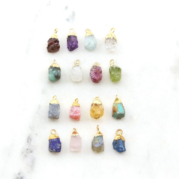 Small Raw Nugget Birthstone Gemstone Drop Charm Apatite, Garnet Quartz, Turquoise, Amethyst Gold Rim Bezel Pendant Gold Edge Stone Rough Gem