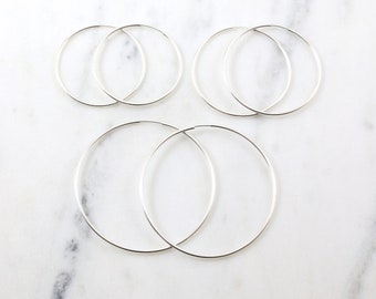 1 Pair Large Sterling Silver Endless Hoop Earrings Hoops, 35mm, 40mm, 50mm, Earring Wires Earring Hook Component 1.25mm Thick