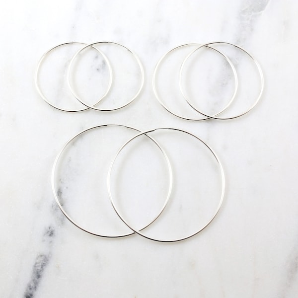 1 Pair Large Sterling Silver Endless Hoop Earrings Hoops, 35mm, 40mm, 50mm, Earring Wires Earring Hook Component 1.25mm Thick