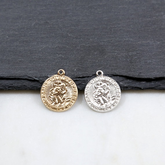 Christopher Charm Coin Pendant 17mm 14k Gold Filled Round Saint St Saint Patron Catholic Protection Pendant Sterling Silver