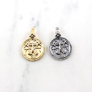 Ganesha Goddess Hindu Hinduism Round Coin Medallion Charm Religious Pendant Decorative Vermeil Gold Oxidized Sterling Silver 18mm x 25mm