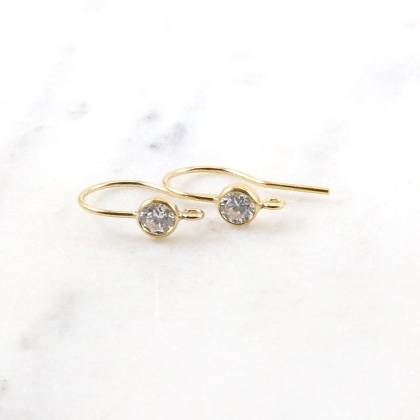 2 Pieces, 1 Pair 14k Gold Filled 4mm CZ Bezel French Gold Ear Wires Earring Hook with Openable Ring 19mm x 10mm