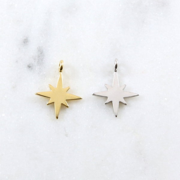 Simple North Star Charm Sideways Loop Gold Plated Rhodium Plated Gold or Silver Drop Charm Pendant, Celestial Stamping Charm 14mm x 11mm