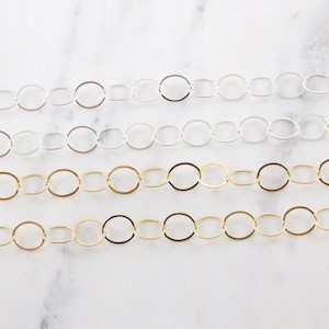 Large Flat Lightweight Round Circle Link Chain Specialty Choker Bracelet Chain 10mm 14K Gold Filled, Sterling Silver,  Sold by the Foot