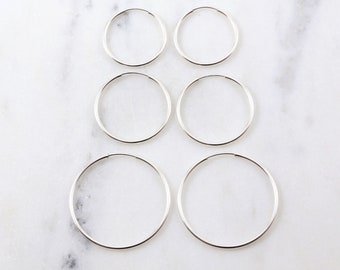 1 Pair Medium Sterling Silver Endless Hoop Earrings Silver Hoops, 20mm, 24mm, 30mm, Earring Wires Earring Hook Component, 1.25mm Thick