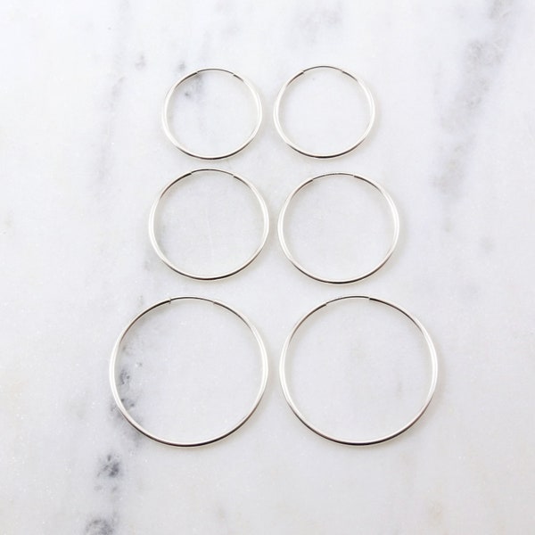 1 Pair Medium Sterling Silver Endless Hoop Earrings Silver Hoops, 20mm, 24mm, 30mm, Earring Wires Earring Hook Component, 1.25mm Thick