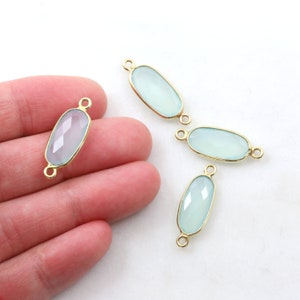 1 pc Gold Aqua Chalcedony Light Blue Skinny Connector Link Gemstone Rectangle Charm Gold Rim Bezel Gemstone Connector Gold Faceted Stone image 3