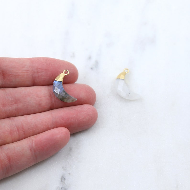 Faceted Crescent Moon Gemstone Charm Labradorite Moonstone Aquamarine Drop Gold Vermeil Bezel Gemstone Pendant Gold Rim Edge Stone image 3