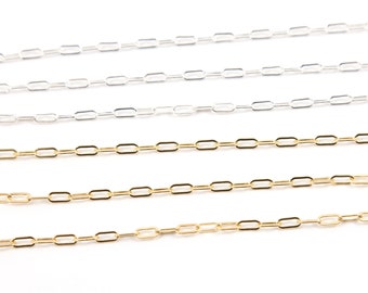 Cadena de clip de papel plana alargada gruesa de 2,5 x 6 mm, chapada en oro de 14 quilates, con diseño de cable rectangular estirado. Cadena de clip de papel de plata de ley. Joyería permanente.
