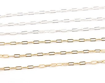 2.5x6mm 14K Gold Filled Thick Elongated Flat Paperclip Chain Rectangular Drawn Cable Chain, Sterling Silver Chain, For Permanent Jewelry