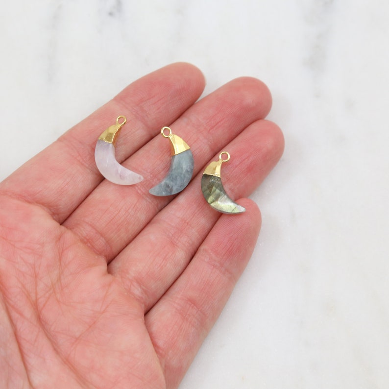 Faceted Crescent Moon Gemstone Charm Labradorite Moonstone Aquamarine Drop Gold Vermeil Bezel Gemstone Pendant Gold Rim Edge Stone image 8