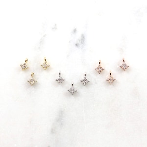 3pcs - CZ 4 Pointed Star Charm 4mm - Gold, Silver, Rose Gold Star, CZ Drop Pendant, Tiny CZ Drop, Diamond Charm, Gold Necklace Drop