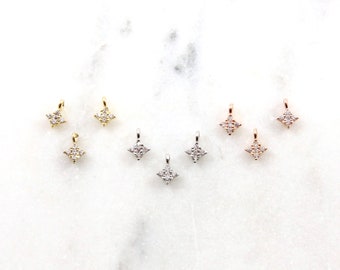 3pcs - CZ 4 Pointed Star Charm 4mm - Gold, Silver, Rose Gold Star, CZ Drop Pendant, Tiny CZ Drop, Diamond Charm, Gold Necklace Drop
