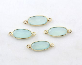 1 pc Gold Aqua Chalcedony Light Blue Skinny Connector Link Gemstone Rectangle Charm Gold Rim Bezel Gemstone Connector Gold Faceted Stone