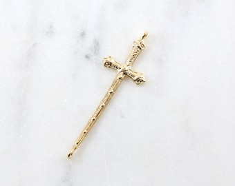 Gold Filigree Cross Sword Charm 20mm - Rhodium Plated Gold Charm Pendant, Dainty Cross Connector Link, Vintage Style, Gold Crucifix