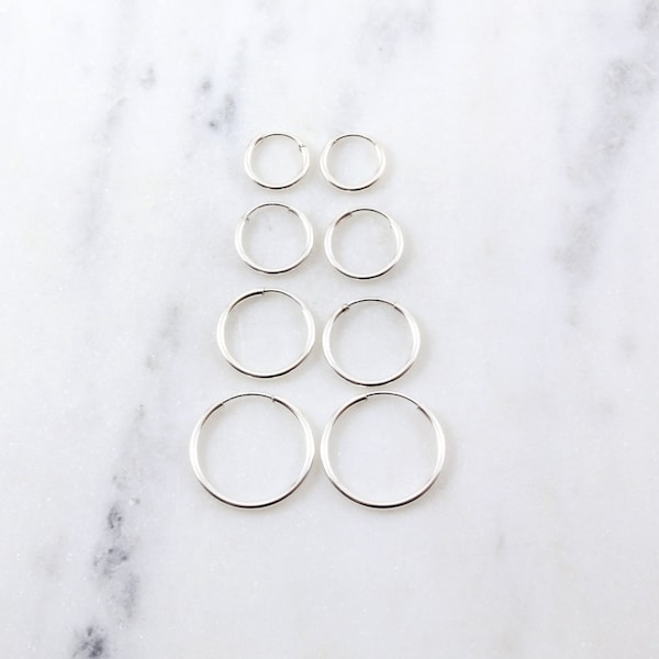 1 Pair Small Sterling Silver Endless Hoop Earrings Silver Hoops, 9mm, 12mm, 14mm, 16mm, Earring Wires Earring Hook Component