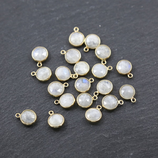 2 Pieces Small Faceted Rainbow Moonstone Round Tiny Charm Small White Gemstone Drop Charm Gold Bezel Gemstone Coin Gold Edge Stone 7mm-9mm