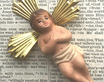 Tiny Vintage Baby Jesus. 2 Inches. Hand-Painted Clay Terracotta. Halo. 1940s. Spanish Nativity Belen. Christmas Decoration. Religious Gift.