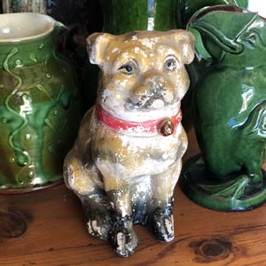 Antique Chalkware Pug Dog Money Box. Very Appealing Very Shabby Handpainted Plaster Figurine. 1920s Collectable. Dog Lover. Vintage Timeworn