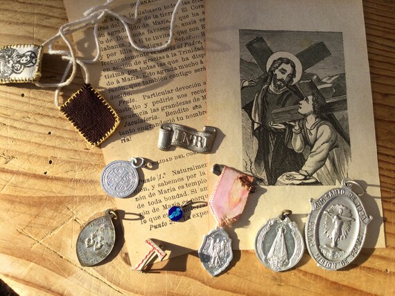 9 Vintage Religious Medals Spanish. Child s Scapular Tau Cross
