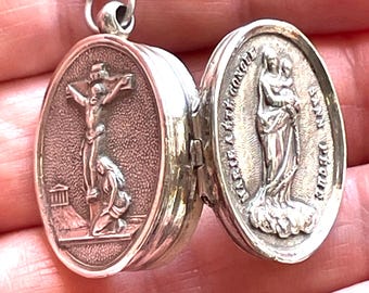 Antique French Silver Reliquary Locket. 1800s. Virgin Mary Immaculate Conception. Jesus Christ. Theca. Religious Gift.